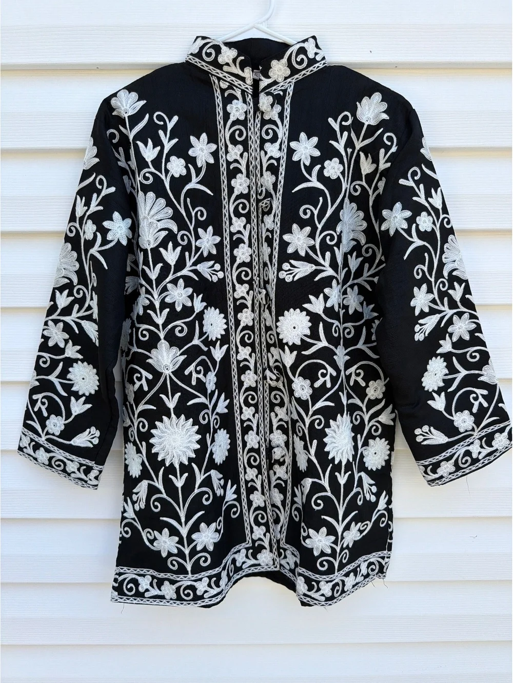 Handmade XL Black White Kashmiri Embroidered Jacket Coat